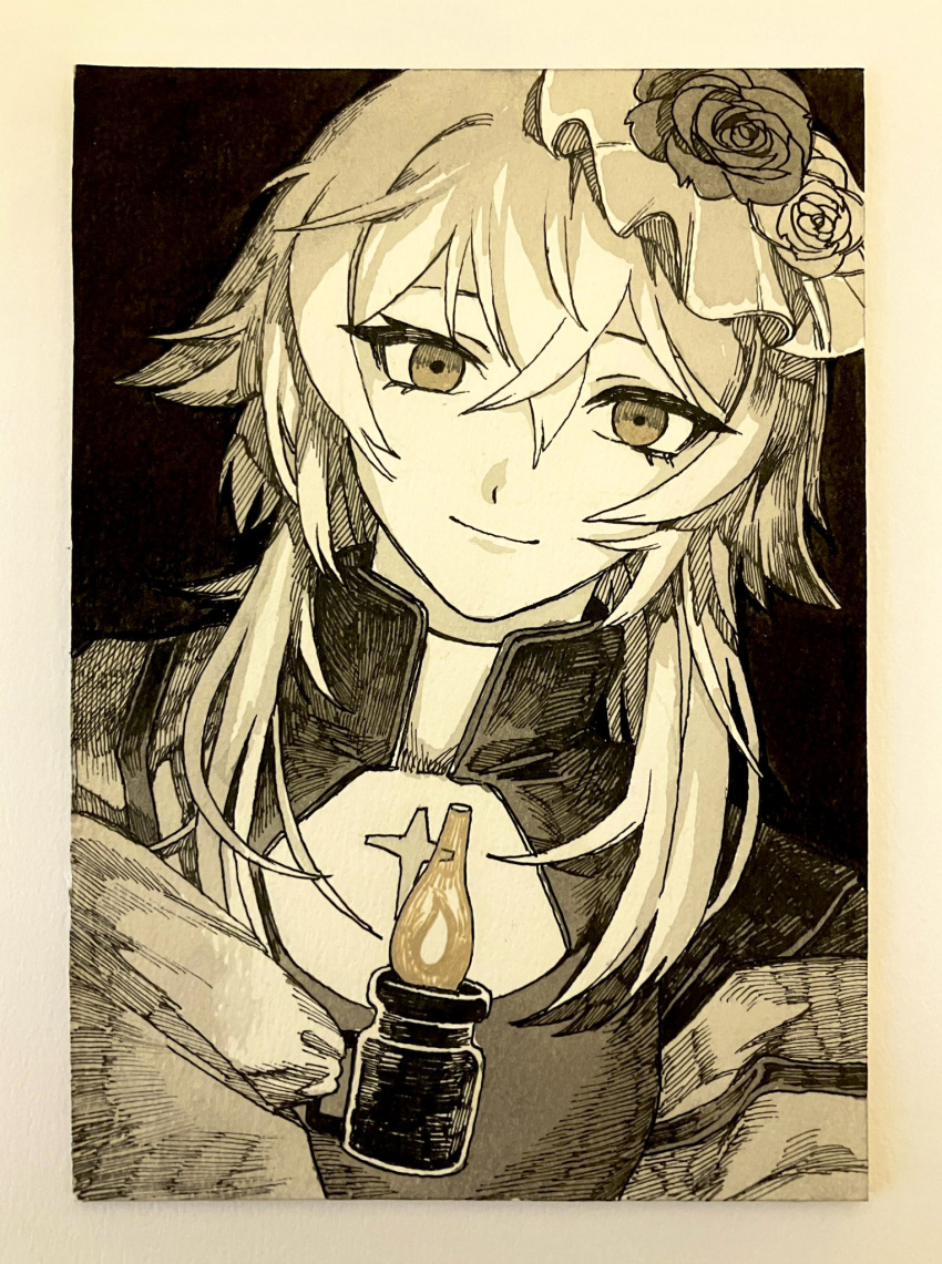 1girl, black_background, cross, cross_necklace, flower, hair_between_eyes, hair_flower, hair_ornament