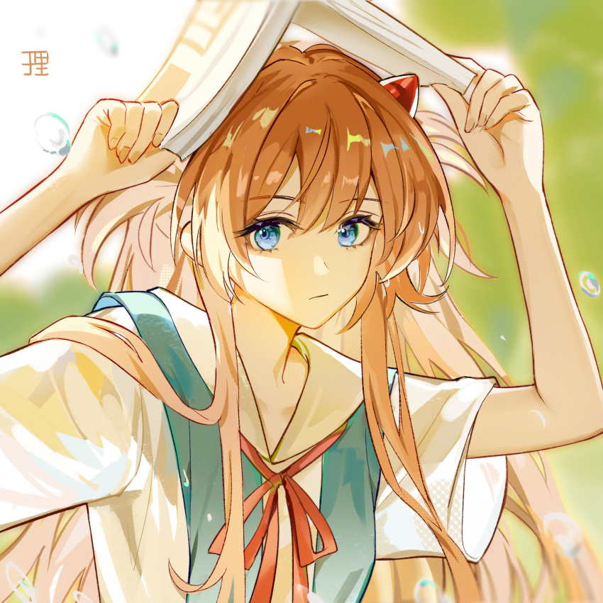 1girl, :/, blue_eyes, book, bow, bowtie, brown_hair, day, eyelashes, hair_between_eyes, hair_ornament, highres, holding, holding_book, horns, long_hair, looking_at_viewer, neon_genesis_evangelion, outdoors, rain, red_bow, red_bowtie, shirt, short_sleeves, solo, souryuu_asuka_langley, water_drop, white_shirt, zhengyuriri