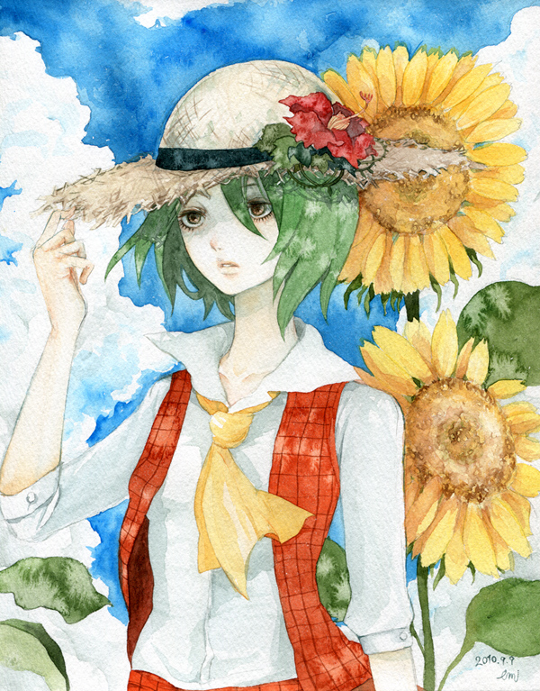 bad_id, brown_eyes, flower, green_hair, grey_hair, hat, kazami_yuuka, pinkxxxna
