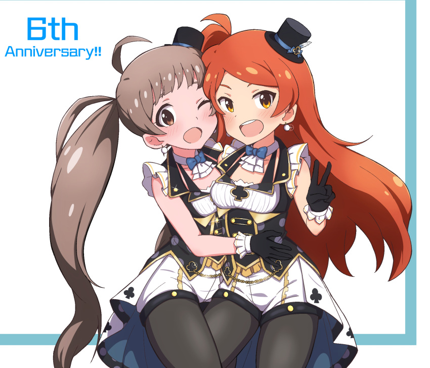 2girls, ahoge, anniversary, armpits, ascot, bare_shoulders, black_corset, black_dress