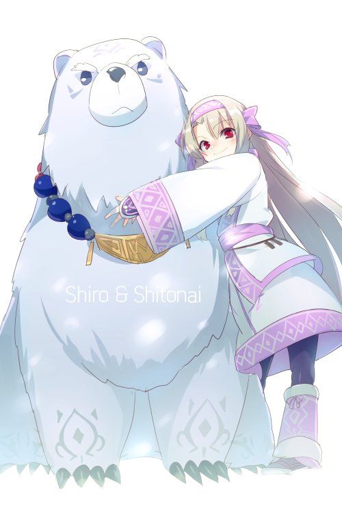 1girl, ainu_clothes, bead_necklace, beads, bear, black_pantyhose, breasts, character_name