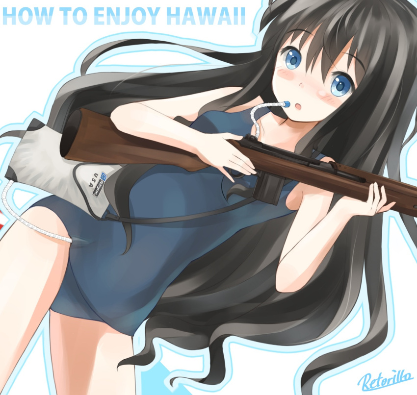 1girl, blue_eyes, blush, dutch_angle, english, gun, highres, long_hair