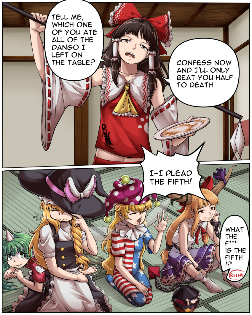 6+girls, absurdres, american_flag_dress, american_flag_legwear, apron, ascot, blonde_hair, bow