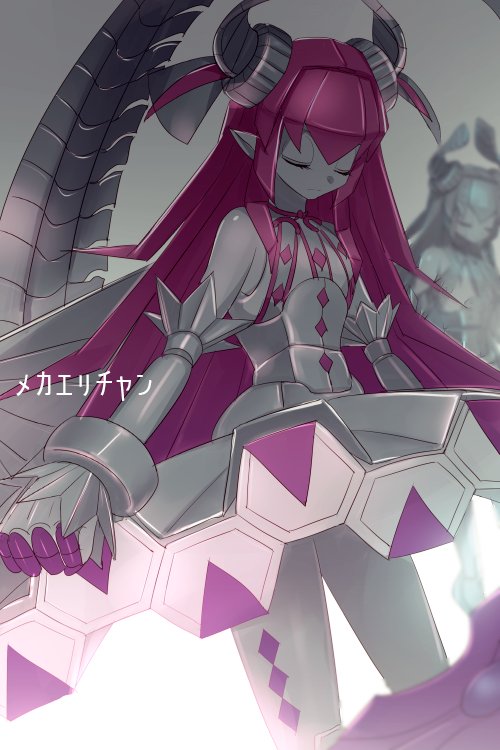 2girls, breasts, closed_eyes, curled_horns, dragon_horns, dragon_tail, dress, echo_(circa)