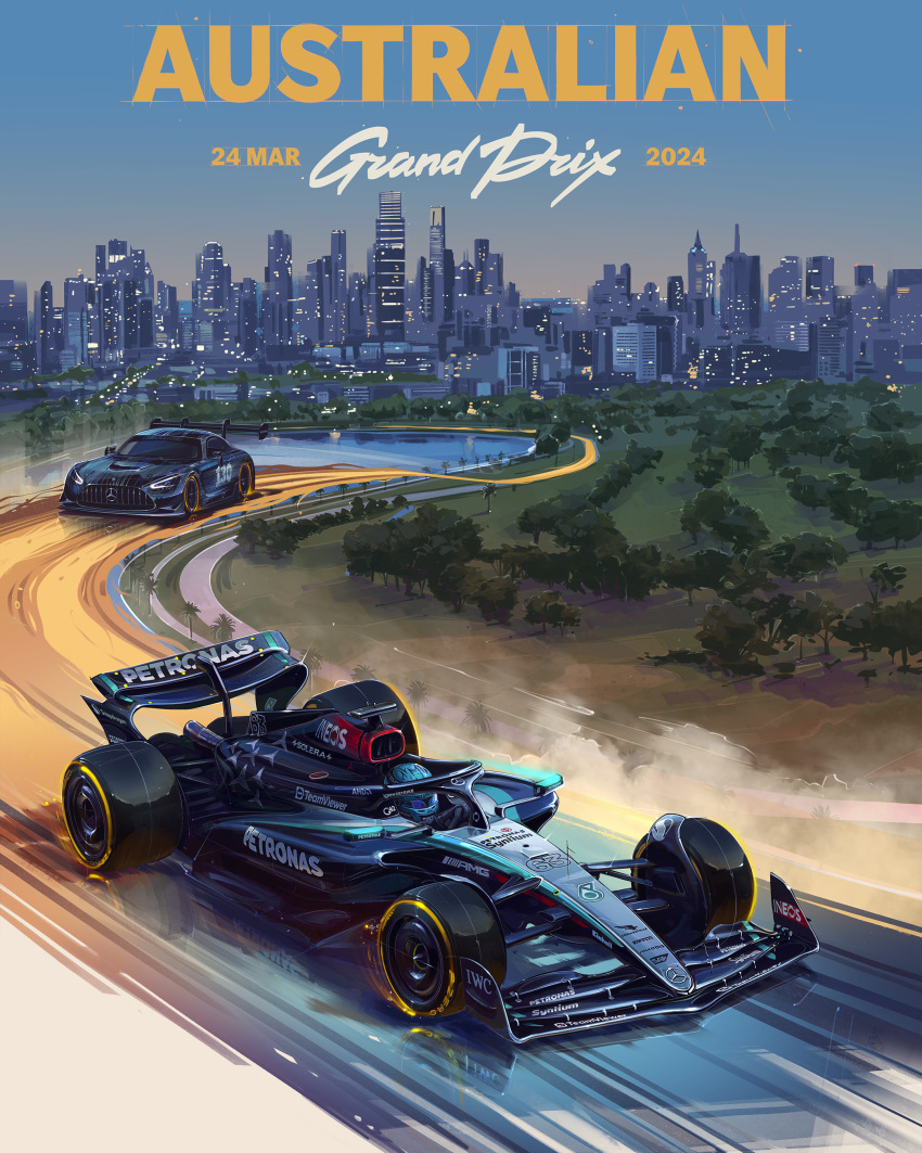 1boy, absurdres, andrew_mytro, blue_helmet, bridge, car, formula_one, formula_racer