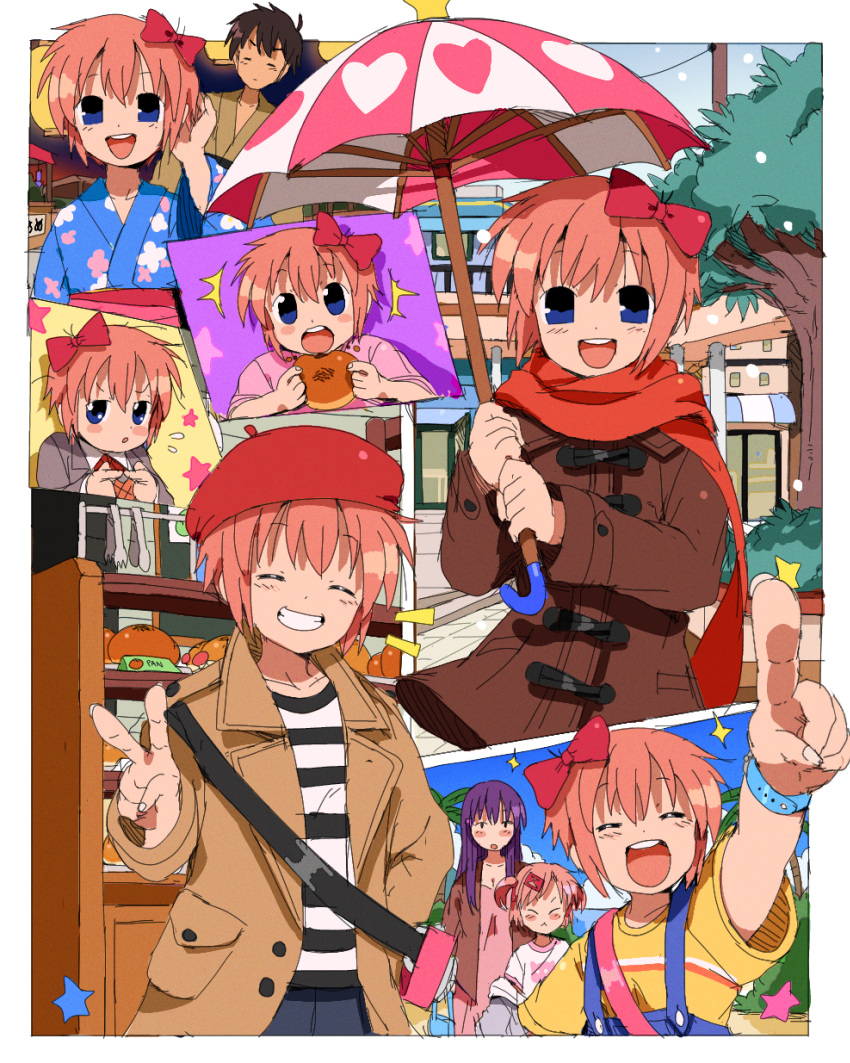 1boy, 3girls, absurdres, bag, beach, bendedede, blue_eyes, blue_kimono