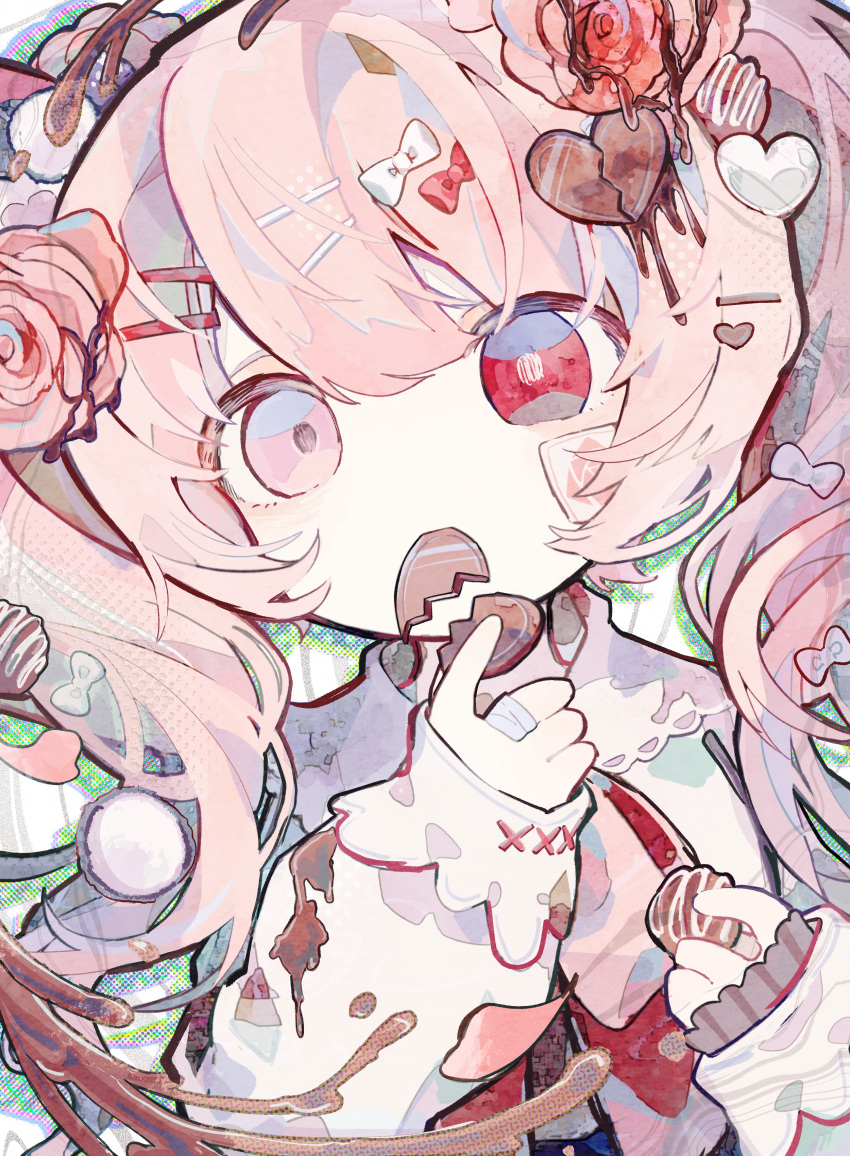 1girl, absurdres, bandaged_fingers, bandages, bow, bright_pupils, candy, chocolate