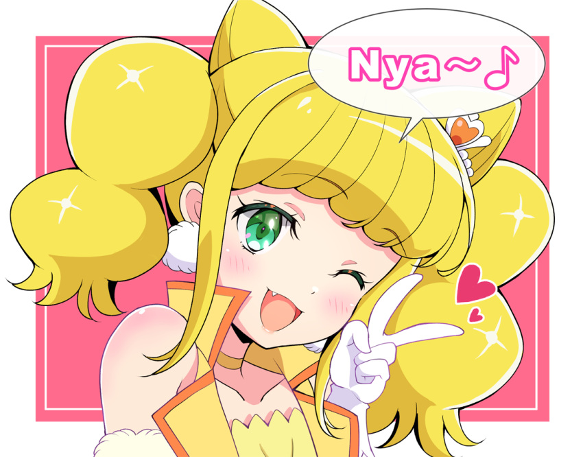 1girl, blonde_hair, choker, clothing_cutout, commentary, cone_hair_bun, cure_sparkle, double_bun