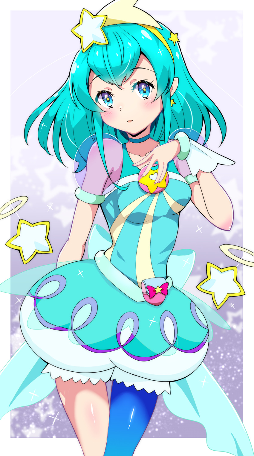 1girl, aged_up, aqua_choker, aqua_dress, aqua_eyes, aqua_hair, bag, blush