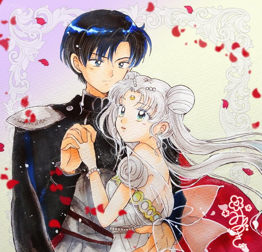 1990s_(style), 1boy, 1girl, armor, back, back_bow, backless_dress, backless_outfit, bead_bracelet, beads, bishoujo_senshi_sailor_moon, black_coat, black_hair, blue_eyes, bow, bracelet, cape, chiba_mamoru, coat, couple, crescent, crescent_facial_mark, double_bun, dress, endymion_(sailor_moon), facial_mark, falling_petals, forehead_mark, fukatsuki_mizuki, hair_bun, hetero, highres, holding_hands, interlocked_fingers, jewelry, long_hair, painting_(medium), parted_bangs, petals, pink_background, princess_serenity, retro_artstyle, rose_petals, signature, strapless, strapless_dress, traditional_media, transparent_wings, tsukino_usagi, twintails, two-tone_background, upper_body, watercolor_(medium), white_dress, white_hair, wings, yellow_background