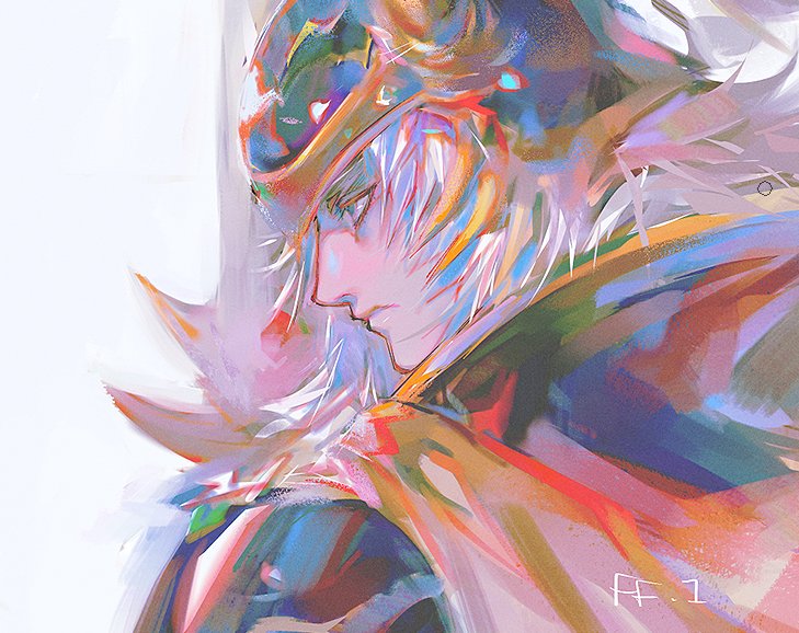 1boy, armor, blue_eyes, cape, closed_mouth, facing_to_the_side, fake_horns, final_fantasy, final_fantasy_i, helm, helmet, horned_helmet, horns, long_hair, male_focus, parted_bangs, profile, shoulder_armor, skraksff, solo, upper_body, warrior_of_light_(ff1), white_background, white_hair, yellow_cape