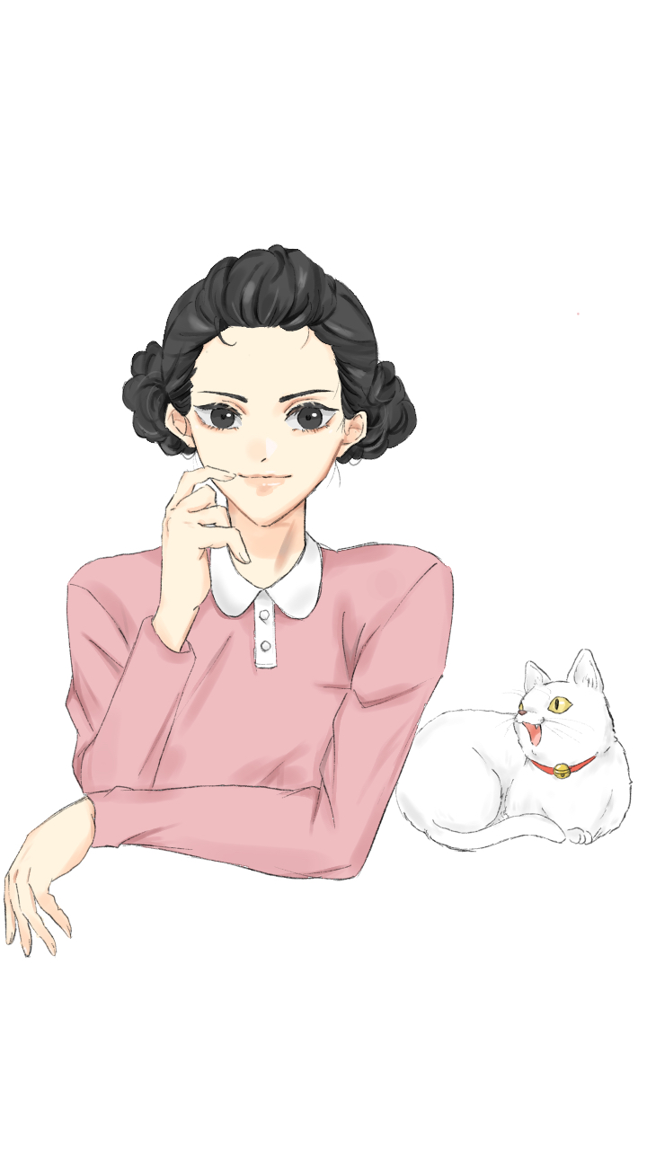1girl, black_eyes, black_hair, cat, cropped_torso, fuguta_sazae, highres, lipstick