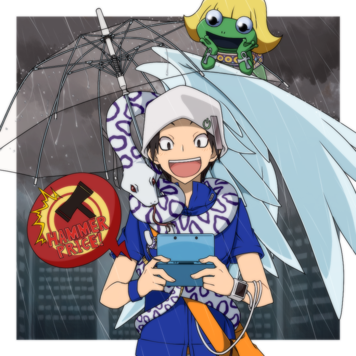 ankh, blonde_hair, blue_shirt, blue_wristband, border, brown_hair, colored_skin, devil_survivor_(series), devil_survivor_1, feathered_wings, forked_tongue, green_skin, hat, heqet_(megami_tensei), kappamaki_tarou, kihara_atsurou, open_mouth, orange_bag, outdoors, quetzalcoatl_(megami_tensei), rain, red_eyes, shirt, short_hair, short_sleeves, smile, standing, tagme, tongue, umbrella, white_border, white_hat, wings