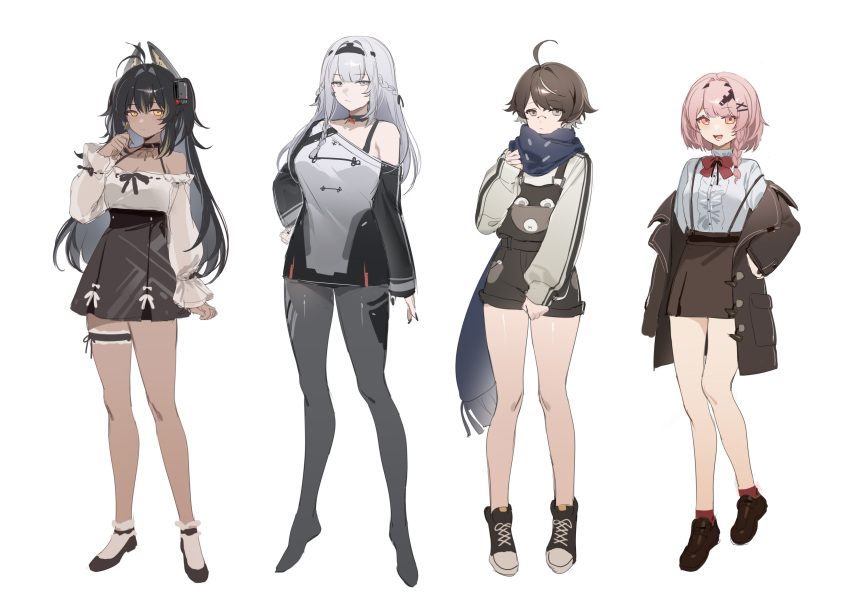 4girls, absurdres, ahoge, alternate_costume, bare_shoulders, black_hair, braid, breasts