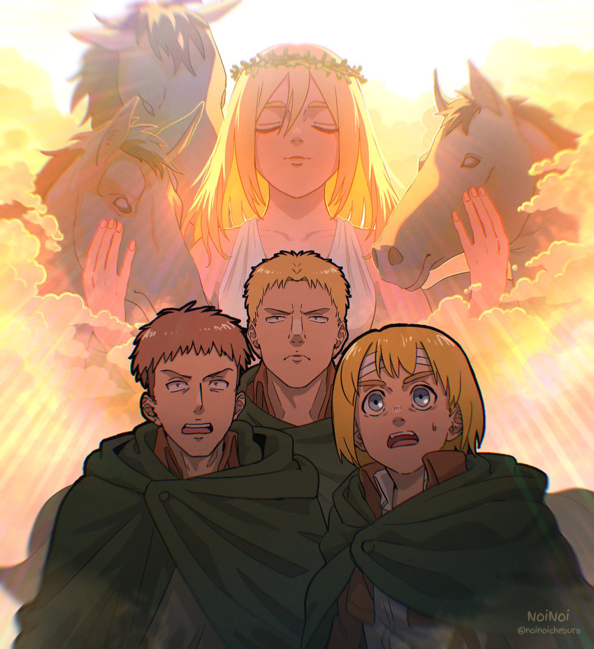 1girl, 3boys, armin_arlert, artist_name, bare_shoulders, blonde_hair, blue_eyes, brown_hair, brown_jacket, cloak, closed_eyes, closed_mouth, clouds, cropped_jacket, dress, green_cloak, hair_between_eyes, head_wreath, highres, horse, jacket, jean_kirstein, krista_lenz, long_hair, multiple_boys, noinoichebura, open_mouth, petting, reiner_braun, shingeki_no_kyojin, shirt, short_hair, sunlight, sweatdrop, twitter_username, upper_body, white_dress, white_shirt, wide-eyed
