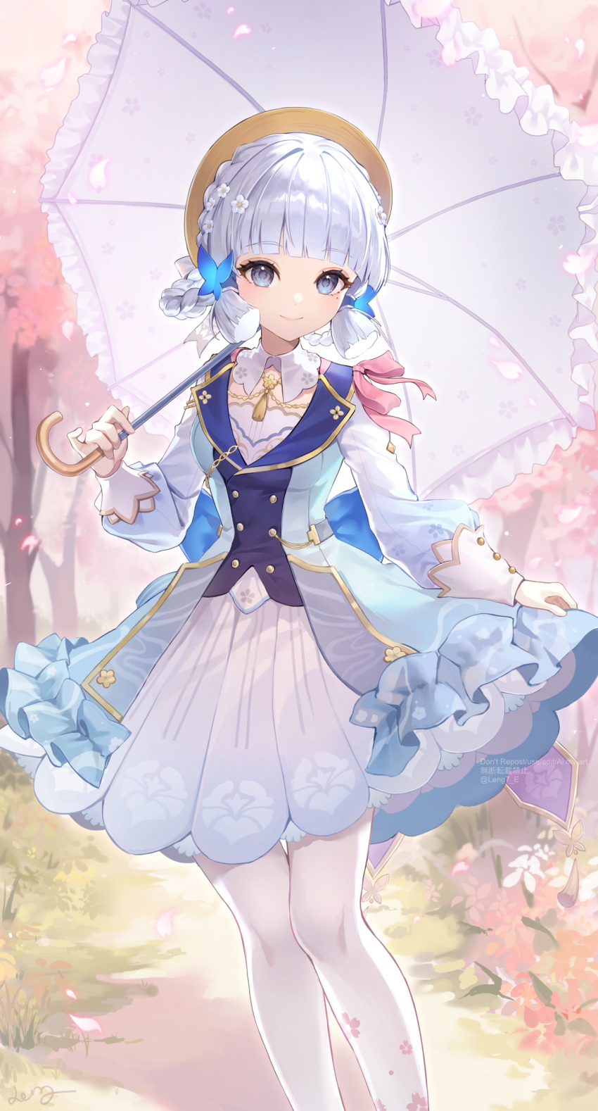 1girl, absurdres, blue_dress, blue_eyes, blue_hair, blunt_bangs, blunt_tresses, braid, butterfly_hair_ornament, closed_mouth, dress, falling_petals, floral_print, genshin_impact, hair_ornament, highres, holding, holding_umbrella, kamisato_ayaka, kamisato_ayaka_(springbloom_missive), leng7_e, long_sleeves, looking_at_viewer, mole, mole_under_eye, official_alternate_costume, official_alternate_hairstyle, outdoors, pantyhose, petals, smile, standing, umbrella, white_dress, white_pantyhose
