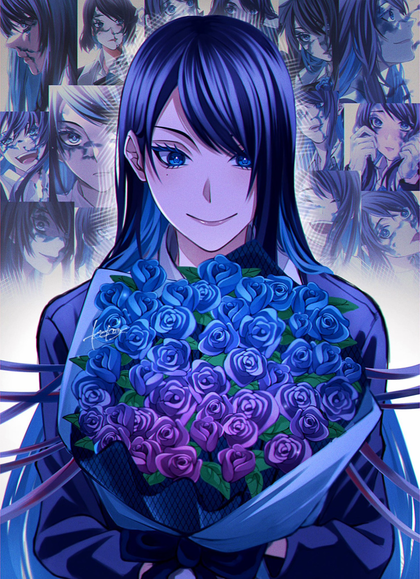 1girl, ado_(utaite), blue_coat, blue_eyes, blue_flower, blue_hair, blue_rose, blue_theme
