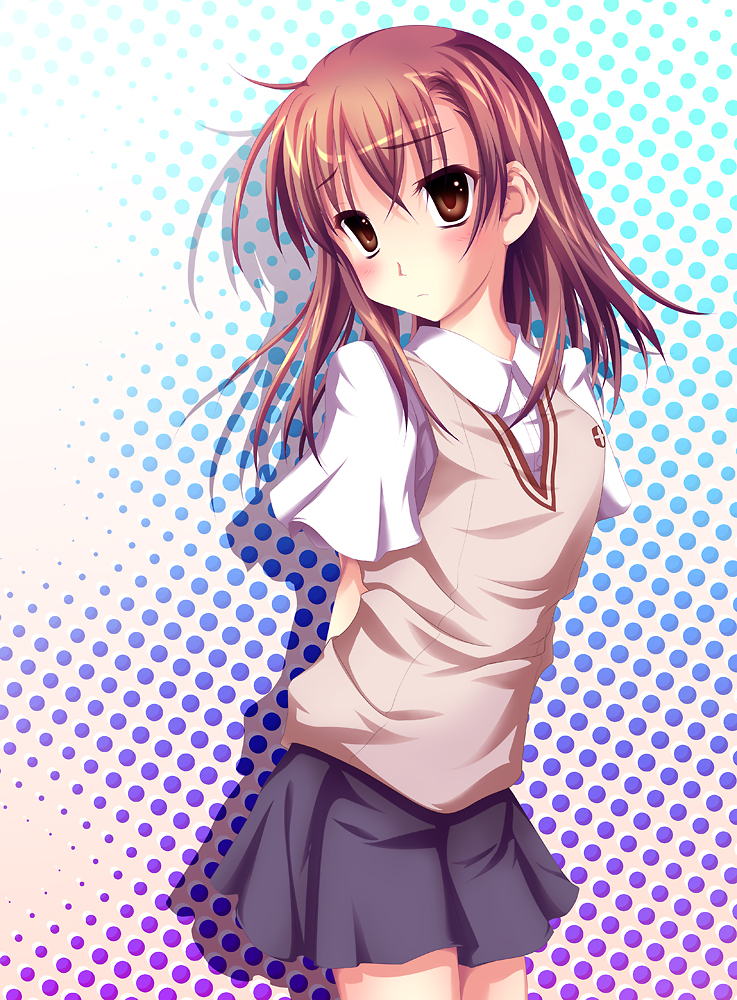 blush, brown_eyes, brown_hair, kan_(2bangai), misaka_mikoto, school_uniform, short_hair, sweater_vest