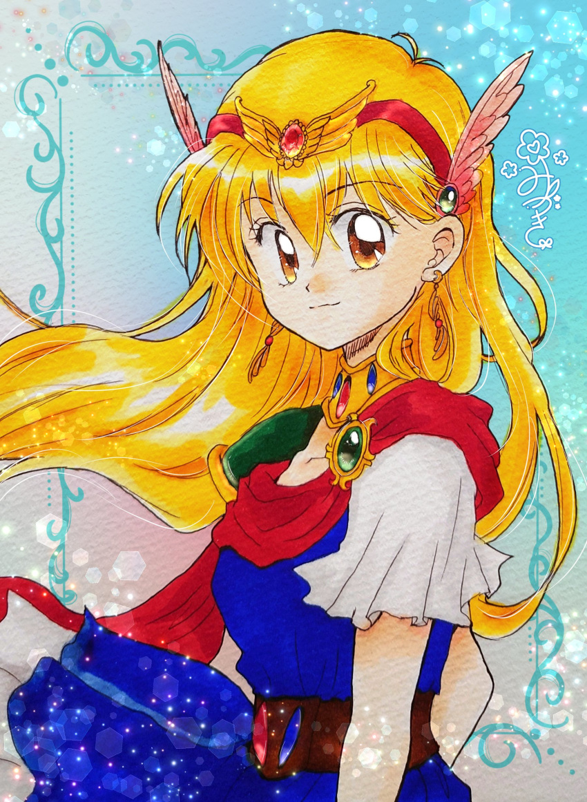1990s_(style), 1girl, absurdres, akazukin_chacha, aqua_background, belt, blonde_hair, blue_dress