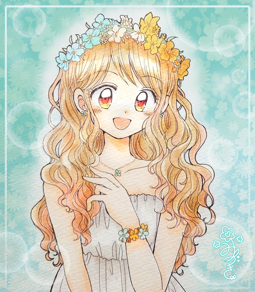1990s_(style), 1girl, :d, bare_arms, bare_shoulders, blue_background, blue_flower, blush