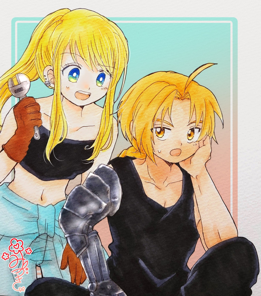 1990s_(style), 1boy, 1girl, :d, ahoge, aqua_background, bare_shoulders, black_shirt