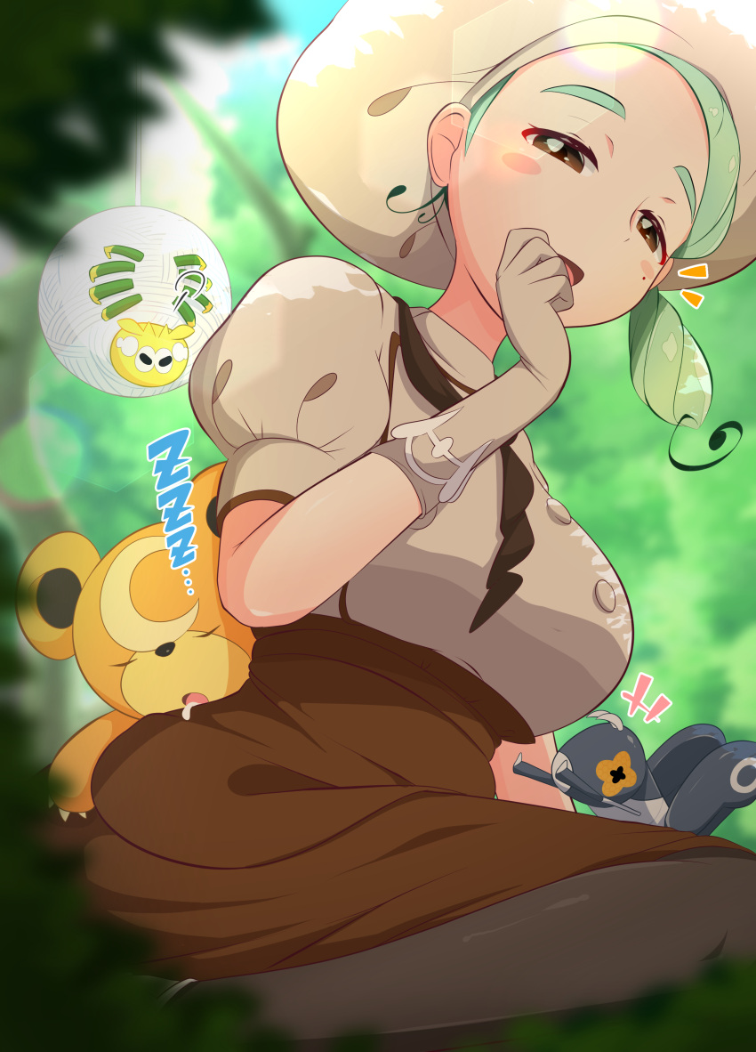 1girl, absurdres, apron, ascot, bear, blush, breasts, brown_apron