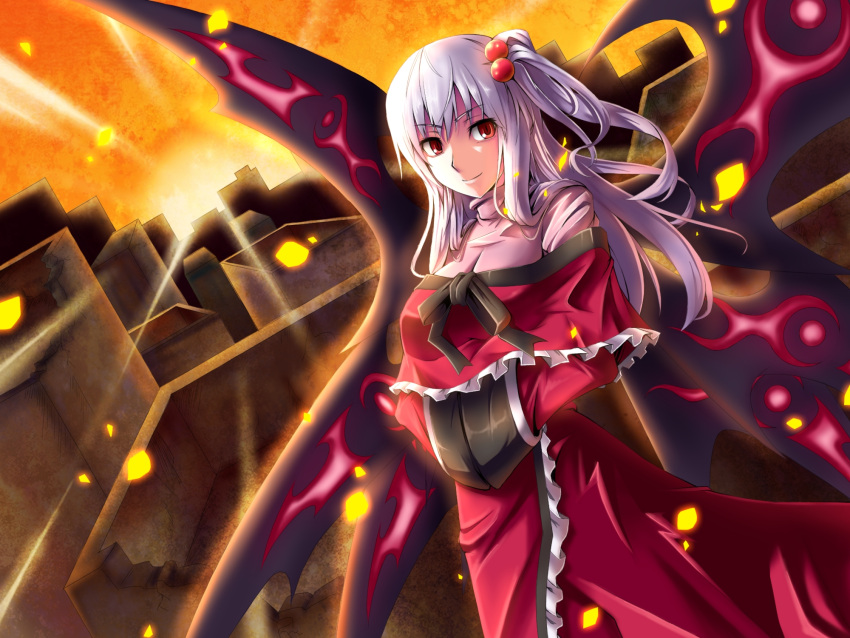 hair_bobbles, hair_ornament, hands_in_sleeves, highres, long_hair, multiple_wings, shinki, side_ponytail