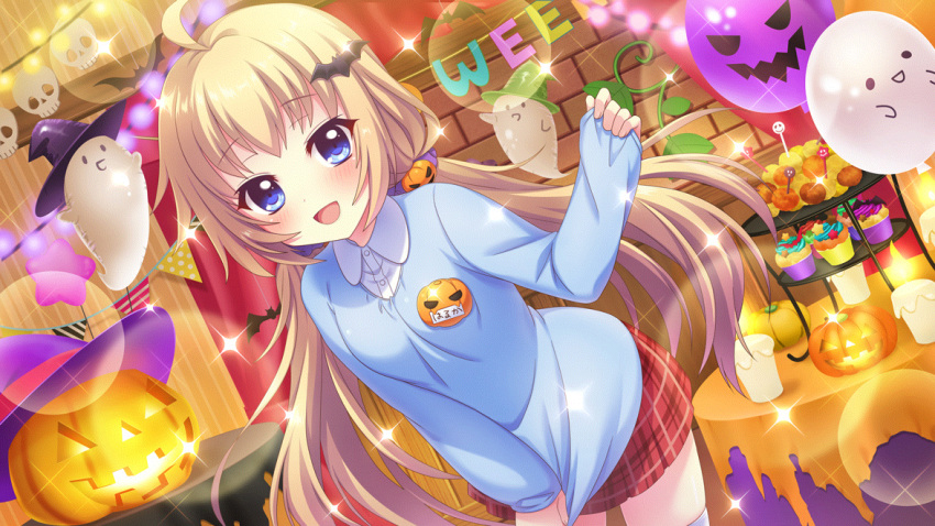 1girl, ahoge, balloon, bat_(animal), bat_hair_ornament, black_hat, blue_eyes, blue_shirt