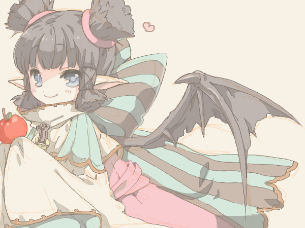 1girl, apple, bad_drawr_id, bad_id, bat_wings, black_hair, black_wings, blue_eyes