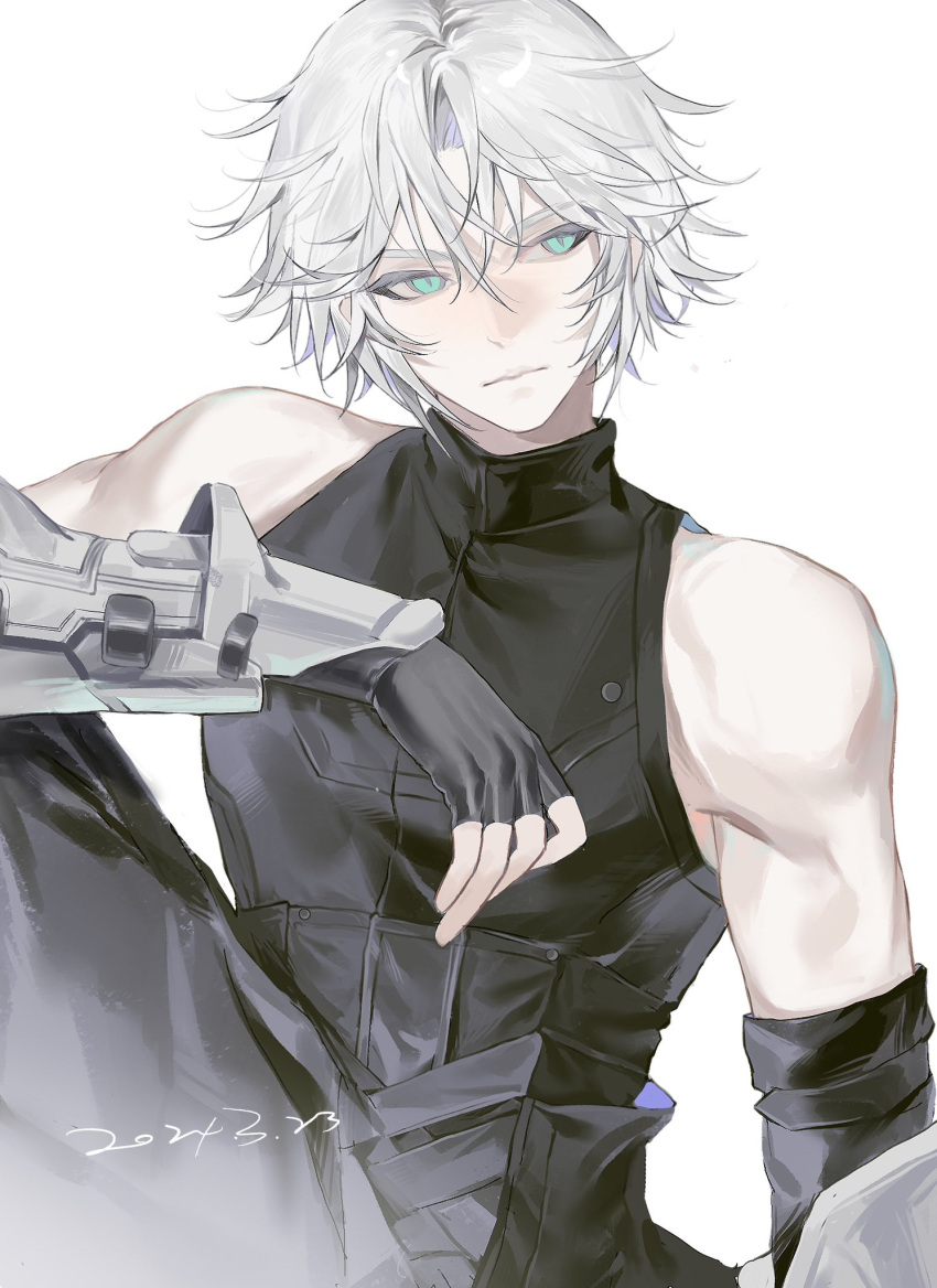 1boy, aged_down, aqua_eyes, bare_shoulders, black_pants, black_sleeves, closed_mouth, dated