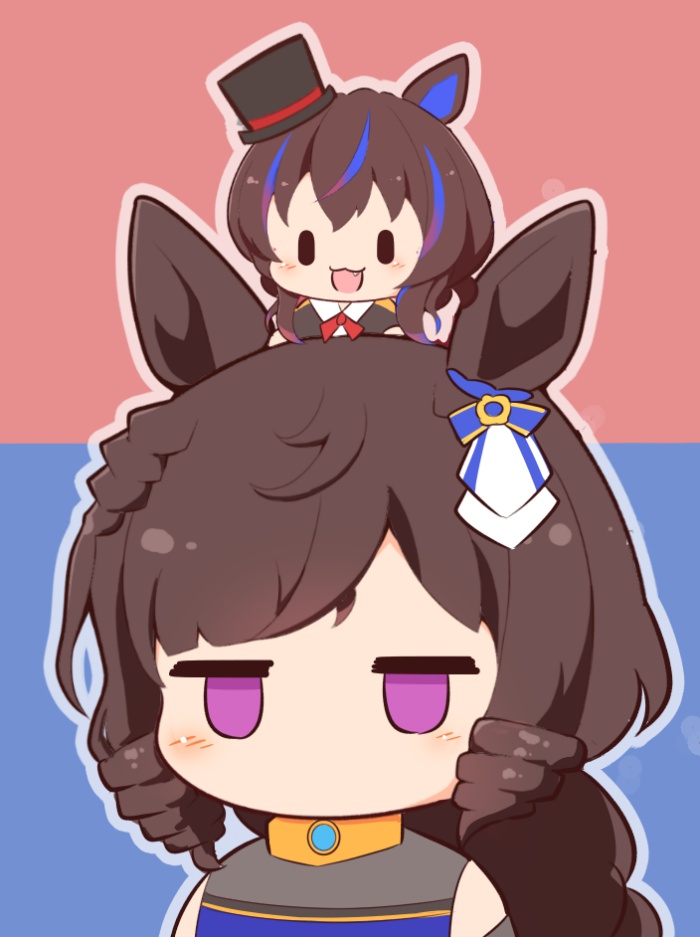 2girls, :d, animal_ears, bare_shoulders, black_hat, black_jacket, blue_background, blue_dress