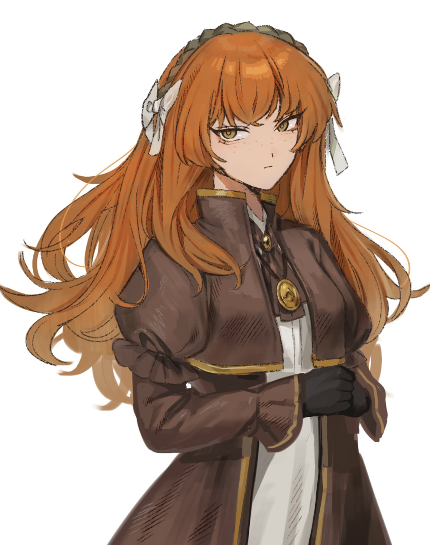 1girl, absurdres, ascot, black_gloves, bow, brown_ascot, brown_coat, catherine_(project_moon), catherine_(project_moon)_(cosplay), coat, cosplay, disembodied_limb, dress, gloves, hair_bow, headband, highres, ishmael_(project_moon), jewelry, limbus_company, long_hair, looking_at_viewer, na-gyou_(nunumaru), necklace, orange_hair, project_moon, simple_background, solo, white_background, white_dress, yellow_brooch, yellow_eyes