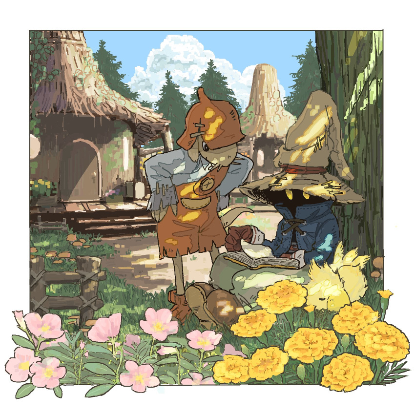 1boy, 1other, black_mage_(final_fantasy), blue_coat, blue_shirt, book, boots, border, brown_footwear, brown_gloves, coat, final_fantasy, final_fantasy_ix, flower, gloves, green_pants, hands_on_own_hips, hat, highres, holding, holding_book, hut, open_book, orange_footwear, orange_overalls, outdoors, overalls, pants, pine_tree, pink_flower, reading, shirt, sitting, soraoyogusakana, striped_clothes, striped_pants, tree, under_tree, vivi_ornitier, whiskers, white_border, wizard_hat, yellow_eyes, yellow_flower