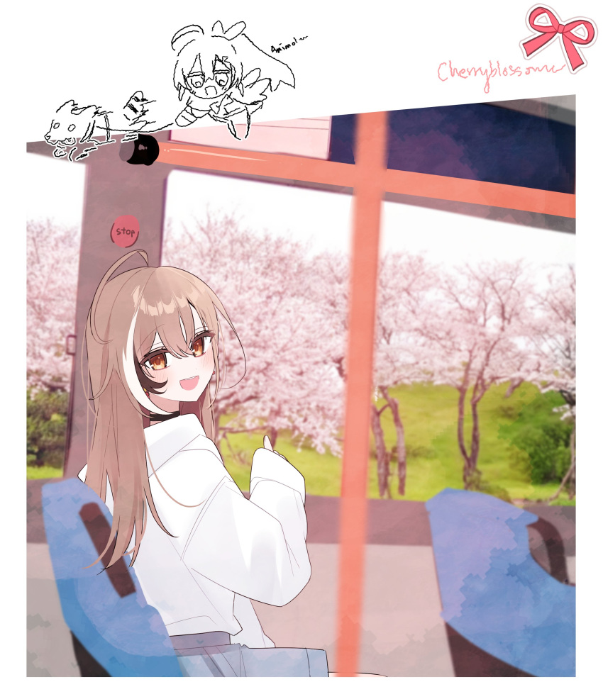 1girl, :d, absurdres, ahoge, alternate_costume, animal_(nanashi_mumei), black_choker, blue_shorts, brown_hair, bus, bus_interior, cherry_blossoms, chibi, choker, cloak, crossed_bangs, double-parted_bangs, english_text, feather_hair_ornament, feathers, hair_between_eyes, hair_ornament, highres, holding, holding_leash, hololive, hololive_english, hood, hoodie, leash, long_hair, looking_at_viewer, motor_vehicle, multicolored_hair, multiple_views, nanashi_mumei, nanashi_mumei_(1st_costume), nanashi_mumei_(casual), official_alternate_costume, oversized_clothes, photo_background, pointing, ponytail, push-button, ribbon, running, shorts, sketch, smile, streaked_hair, striped_tail, tail, virtual_youtuber, walking, white_hoodie, xx_tk9