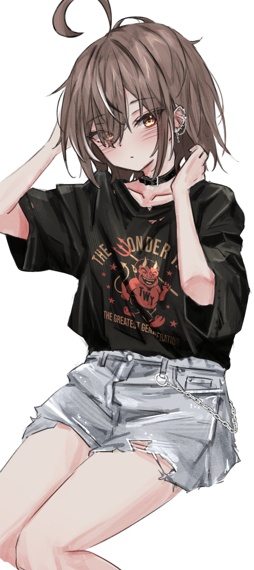 1girl, absurdres, ahoge, akarinnndesu, alternate_costume, band_shirt, black_footwear, black_shirt