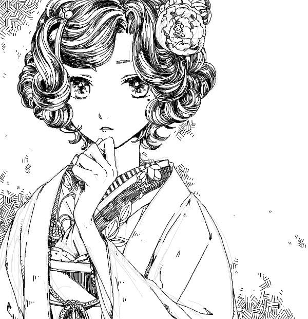 1girl, bad_drawr_id, bad_id, curly_hair, flower, greyscale, hair_flower, hair_ornament