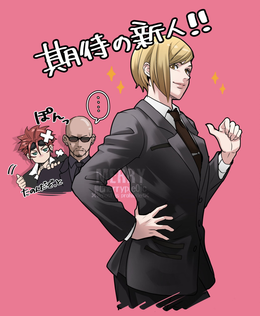 ..., 1girl, 2boys, aqua_eyes, bald, black_jacket, black_necktie, black_pants