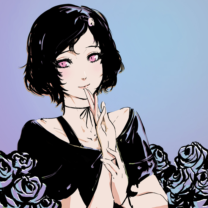 character_request, flower, jewelry, masato_(pixiv), necklace, pink_eyes, rose, short_hair
