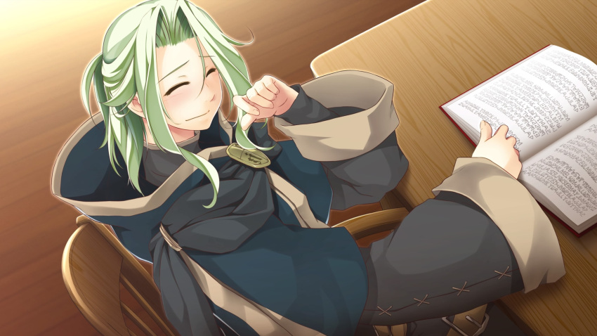 1boy, armchair, atelier-moo, belt, book, chair, closed_mouth, curtained_hair