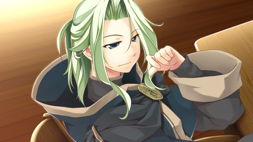 1boy, armchair, atelier-moo, blue_eyes, chair, cloak, closed_mouth, curtained_hair, green_hair, hair_between_eyes, highres, hood, hooded_jacket, indoors, jacket, long_sleeves, merak_yildis, sitting, solo, squinting, table, thinking, wavy_hair, wizards_symphony