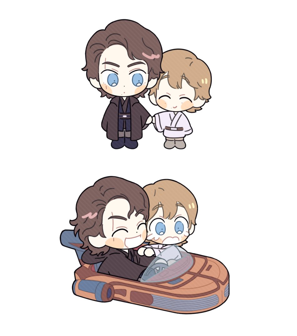 2boys, anakin_skywalker, blonde_hair, blue_eyes, blush_stickers, father_and_son, happy, holding_hands, luke_skywalker, multiple_boys, scar, scar_across_eye, science_fiction, skdlfjgrp, star_wars, star_wars:_a_new_hope, star_wars:_revenge_of_the_sith, tears, time_paradox, x-34_landspeeder