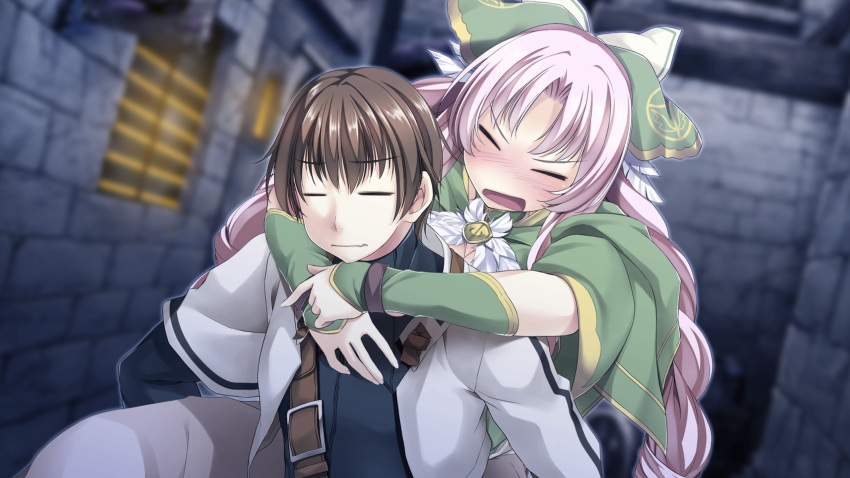 1girl, =_=, alto_travers, atelier-moo, belt, braid, brown_hair, carrying