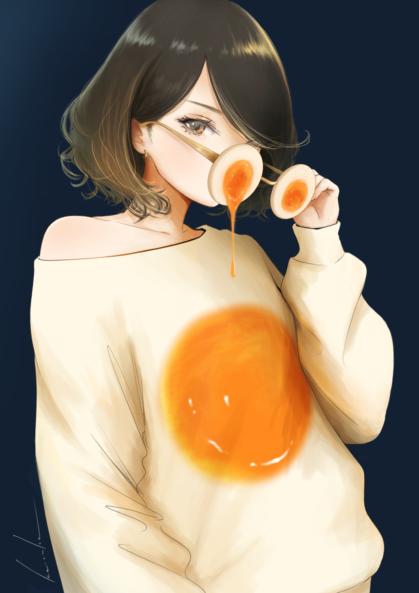 1girl, absurdres, black_background, brown_eyes, brown_hair, commentary, covering_own_mouth, earrings, egg_(food), food, food_as_clothes, food_focus, glasses, highres, jewelry, keisuke1105, long_sleeves, looking_at_viewer, medium_hair, opaque_glasses, original, print_shirt, shirt, simple_background, single_bare_shoulder, solo, upper_body