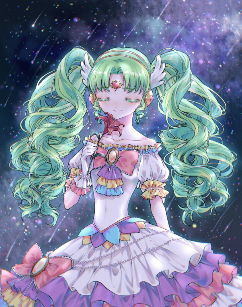 1girl, bow, brooch, closed_eyes, colored_eyelashes, commentary_request, covered_navel, cowboy_shot, dress, facing_viewer, falulu, falulu_(awakened), flower, forehead_jewel, gloves, green_hair, hand_up, headphones, highres, holding, holding_flower, idol_clothes, jewelry, lichu_ric, long_hair, meteor_shower, night, night_sky, parted_bangs, pink_bow, pretty_series, pripara, red_flower, sidelocks, sky, smile, solo, standing, star_(sky), starry_sky, twintails, white_dress, white_gloves, wing_hair_ornament