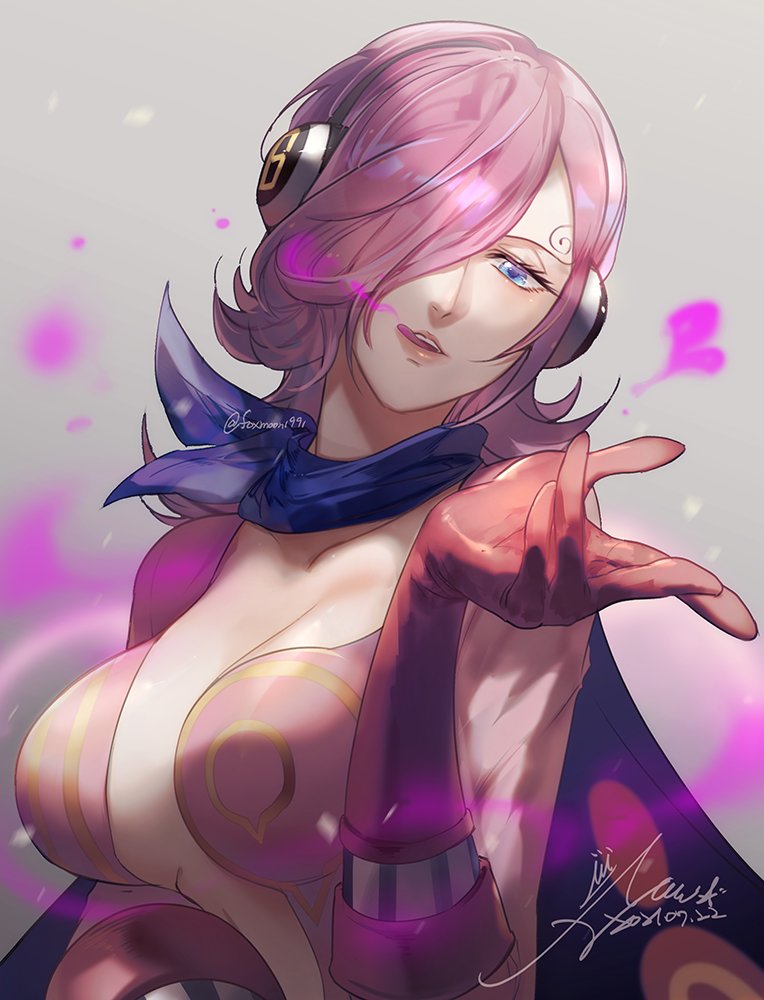 1girl, blue_eyes, blue_neckerchief, chinese_commentary, commentary_request, curly_eyebrows, dress, emase_(foxmoon), gloves, hair_over_one_eye, headphones, heart, lips, lipstick, makeup, mixed-language_commentary, neckerchief, one_eye_covered, one_piece, open_mouth, pink_dress, pink_gloves, pink_hair, pink_lips, short_hair, signature, solo, teeth, tongue, tongue_out, vinsmoke_reiju