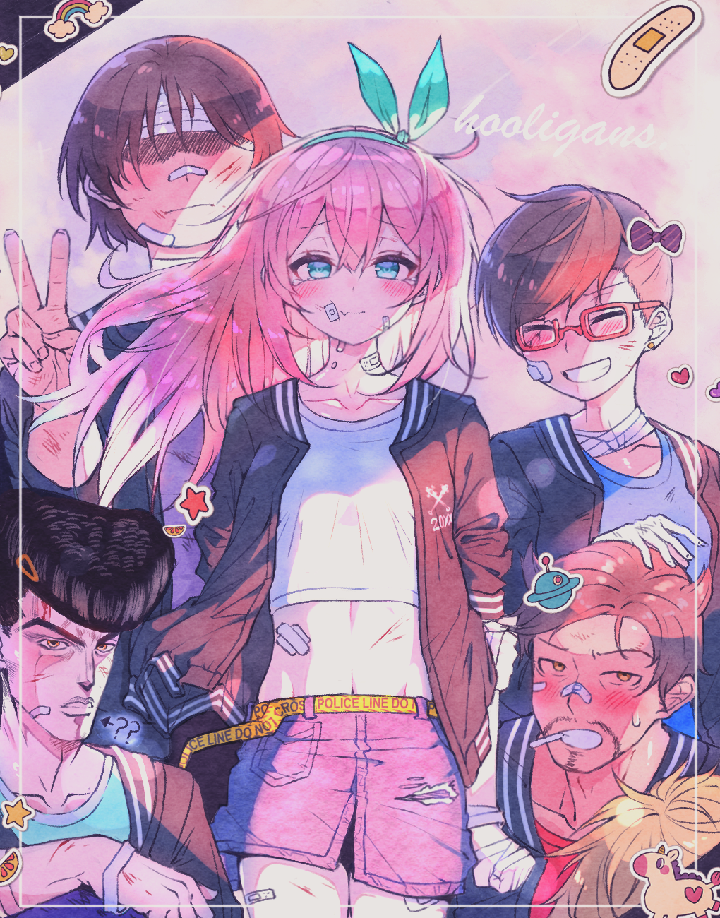 3boys, 3girls, ?, ??, alternate_costume, angel_(omori), aqua_eyes, aqua_hairband, aqua_shirt, arm_at_side, arm_behind_back, arrow_(symbol), aubrey_(faraway)_(omori), aubrey_(omori), bandaged_hand, bandaged_head, bandaged_neck, bandages, bandaid, bandaid_on_face, bandaid_on_neck, bandaid_on_nose, bandaid_on_stomach, bandaid_on_thigh, belt, black_hair, black_jacket, blonde_hair, blood, blue_shirt, blush, brother_and_sister, brown_eyes, brown_hair, charlene_(omori), cigarette, clenched_hand, closed_eyes, closed_mouth, clothes_writing, collarbone, denim, denim_skirt, earrings, facing_another, fang, fingernails, grin, hair_behind_ear, hair_between_eyes, hair_ornament, hairband, hairclip, hand_on_another's_head, hand_on_own_arm, heart_stickers, highres, jacket, jewelry, kim_(omori), light, light_smile, long_hair, looking_at_viewer, mechafrshrimp, mikhael_(omori), multiple_boys, multiple_girls, navel, no_sclera, omori, open_clothes, open_jacket, pink_background, pink_hair, purple_shirt, rainbow_sticker, red_shirt, shaded_face, shirt, short_hair, short_sleeves, siblings, skin_fang, skirt, sleeves_past_elbows, smile, star_sticker, straight-on, sweatdrop, swept_bangs, tomboy, vance_(omori), very_short_hair, white_shirt, white_trim, yellow_belt