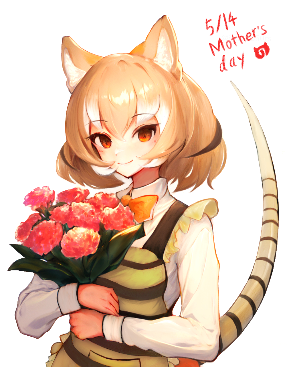 1girl, animal_ears, animal_print, apron, bow, bowtie, brown_eyes, brown_hair