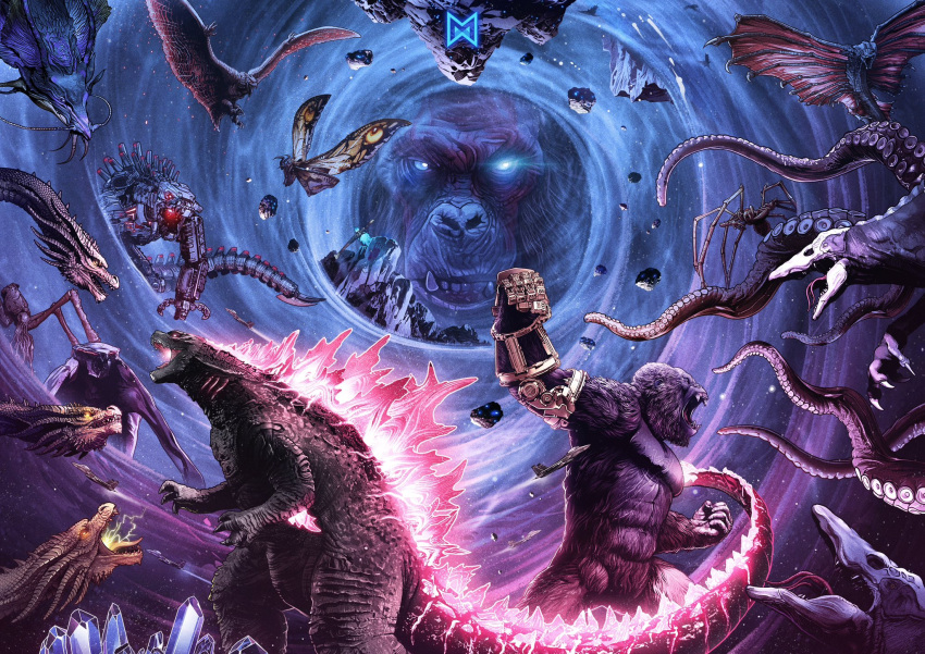 animal, animal_ears, antennae, ape, battle, bioluminescence, blue_eyes, breath_weapon, breathing_lightning, bug, character_request, check_character, claws, destruction, dragon, dragon_horns, dragon_wings, elbow_spikes, electricity, fangs, folded_wings, giant, giant_monster, gills, glowing, glowing_eye, glowing_eyes, glowing_mouth, godzilla, godzilla:_king_of_the_monsters, godzilla_(2014), godzilla_(monsterverse), godzilla_(series), godzilla_evolved, godzilla_vs._kong, godzilla_x_kong:_the_new_empire, gold_skin, gorilla, grey_scales, highres, horns, insect_wings, jaw, kaijuu, king_ghidorah, king_ghidorah_(monsterverse), king_kong_(series), kong:_skull_island, kong_(monsterverse), kwokzisong, lizard_tail, long_tail, mecha, mechagodzilla_(monsterverse), molten_metal, monkey_ears, monster, monsterverse, moth, moth_wings, mothra, mothra_(monsterverse), multiple_heads, no_humans, open_mouth, oversized_animal, reptile, reptilian, robot, rodan, rodan_(monsterverse), scales, scylla_(monsterverse), sharp_teeth, skar_king, skullcrawler, spider, spiked_tail, spines, storm_cloud, super_robot, tail, teeth, very_long_tail, warbat_(monsterverse), wings, wyvern, yellow_eyes