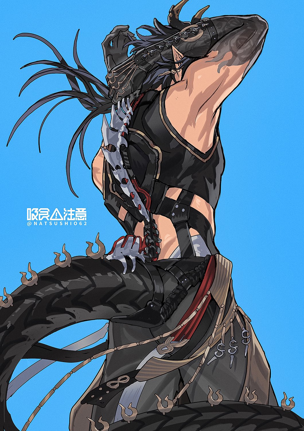 1boy, arknights, arm_belt, arm_tattoo, armpits, arms_behind_head, arms_up, bare_shoulders, black_hair, black_pants, blue_background, chong_yue_(arknights), crop_top, dragon_boy, dragon_horns, dragon_tail, earrings, from_side, highres, horns, jewelry, looking_ahead, male_focus, natsushio_(x2i2a), pants, pointy_ears, simple_background, single_earring, sleeveless, sleeveless_turtleneck, solo, spine, tail, tattoo, turtleneck, upper_body