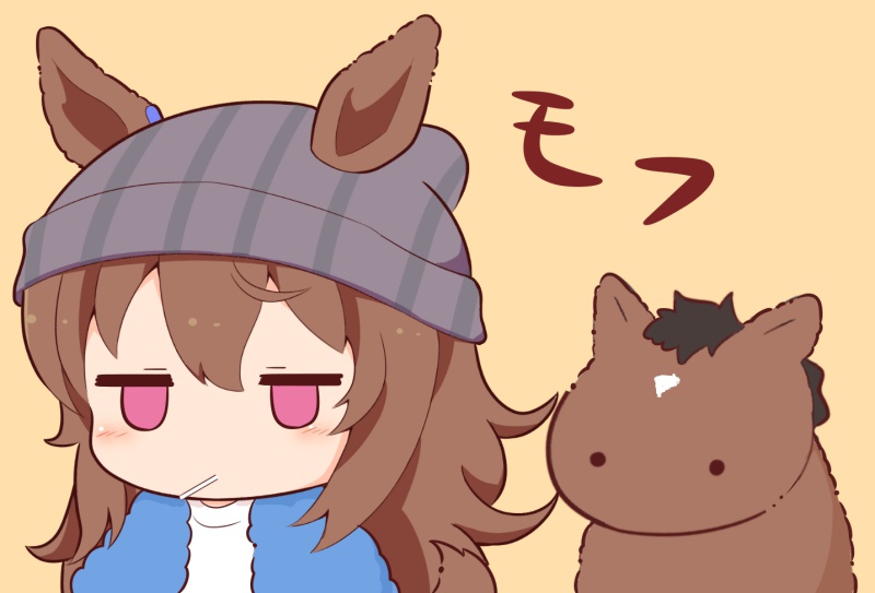 1girl, animal_ears, beanie, brown_hair, chibi, commentary_request, creature_and_personification, ears_through_headwear